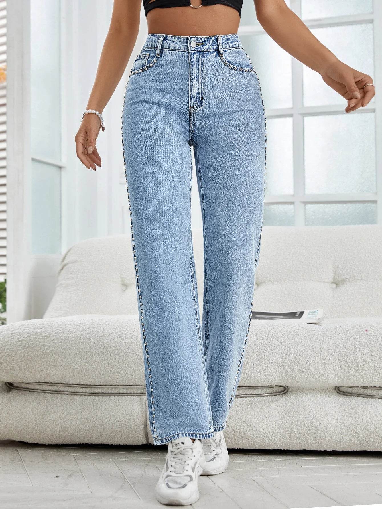 Buy Center Women’s Light Blue Denim Jeans - Side Beaded Trim Style - Buy Center UK