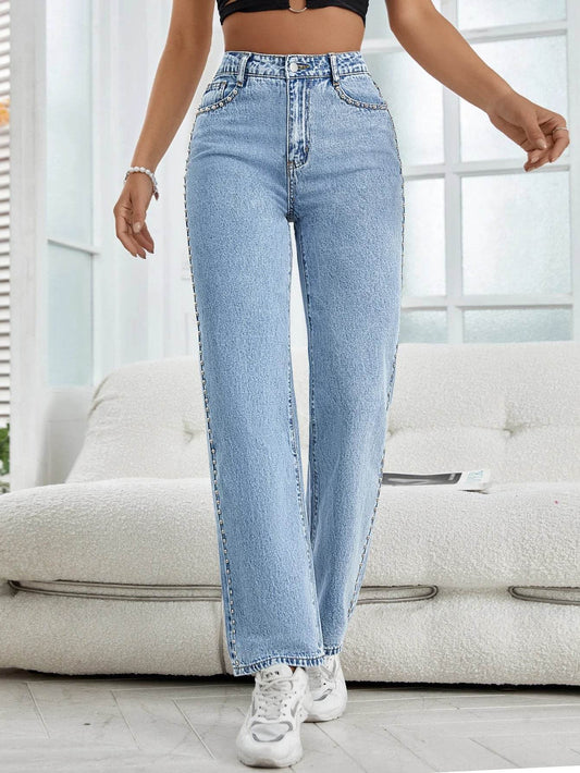 Buy Center Women’s Light Blue Denim Jeans - Side Beaded Trim Style - Buy Center UK