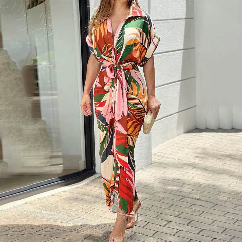Buy Center Bohemia Shirt Print Dress - Loose Fit, Turn-Down Collar - Buy Center UK