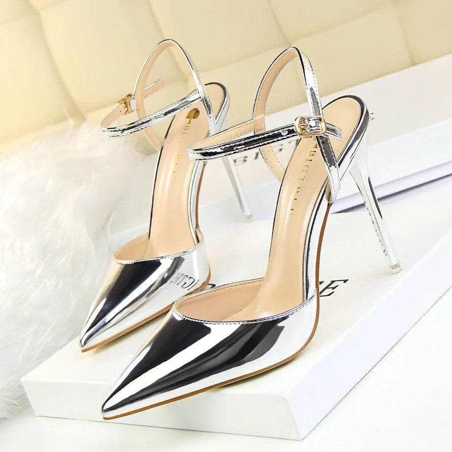 MCD Women’s Metallic Gray High Heels Sandals - Pointed Toe Ankle Strap - Buy Center UK
