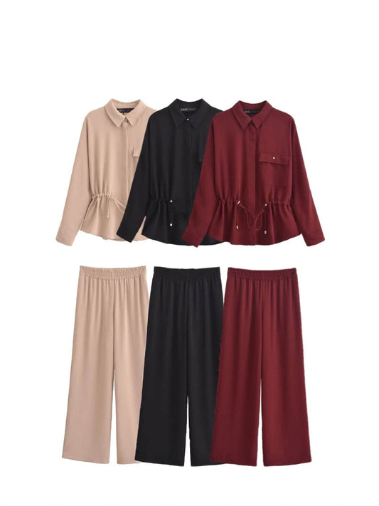 PB&ZA Women's Fashion Sets - Collared Blouse & Wide Leg Pants - Buy Center UK