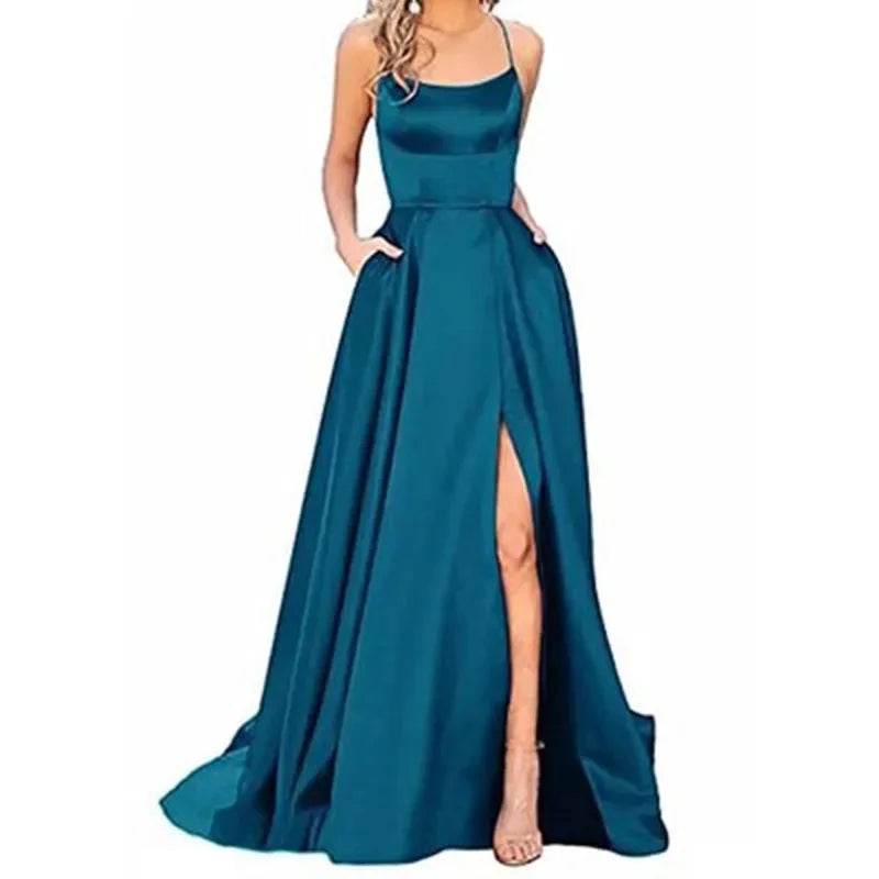 Buy Center Long Backless Satin Dress - Sexy Side Slit Evening Gown - Buy Center UK