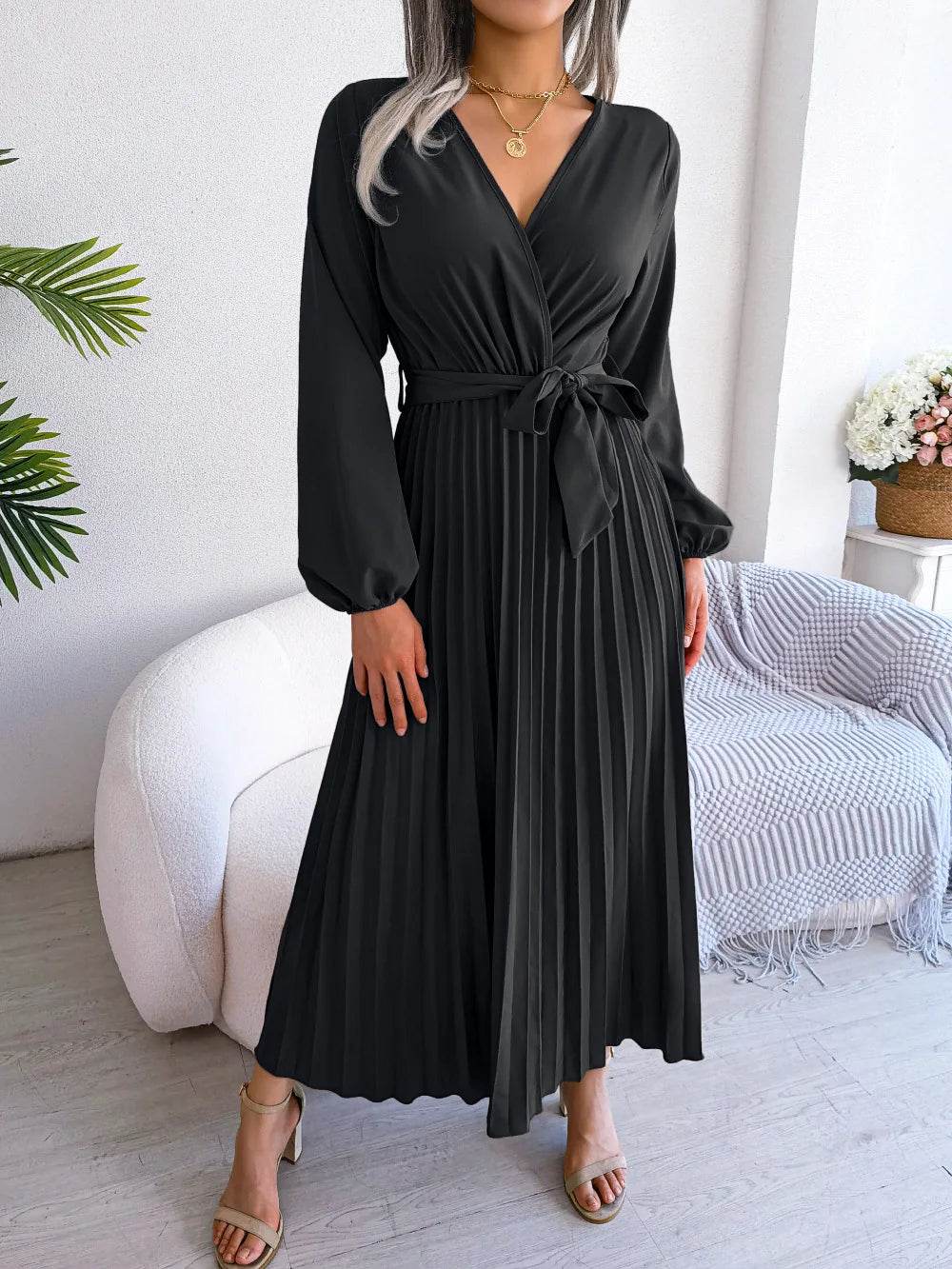 Buy Center Women’s Elegant V Neck Maxi Dress - Long Sleeve & Pleated - Buy Center UK