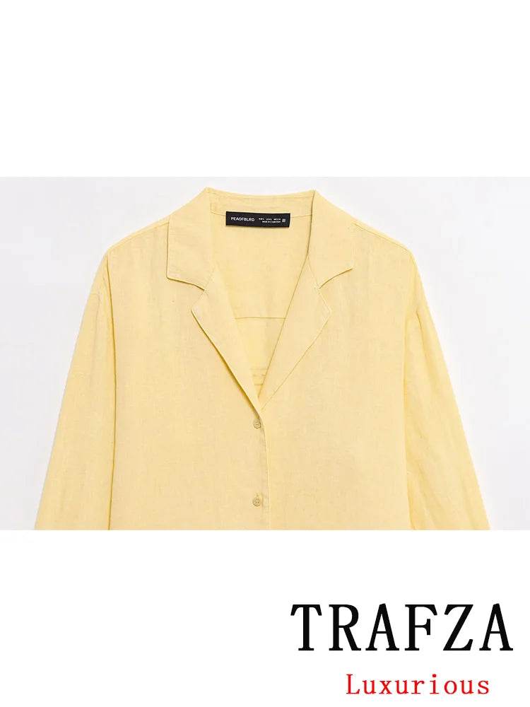 TRAFZA Casual Chic Women Yellow Suit - V-Neck Blouse & Shorts - Buy Center UK