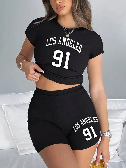 Buy Center Women’s Slim Crop T-Shirt & Shorts Set - Brooklyn Art Print - Buy Center UK