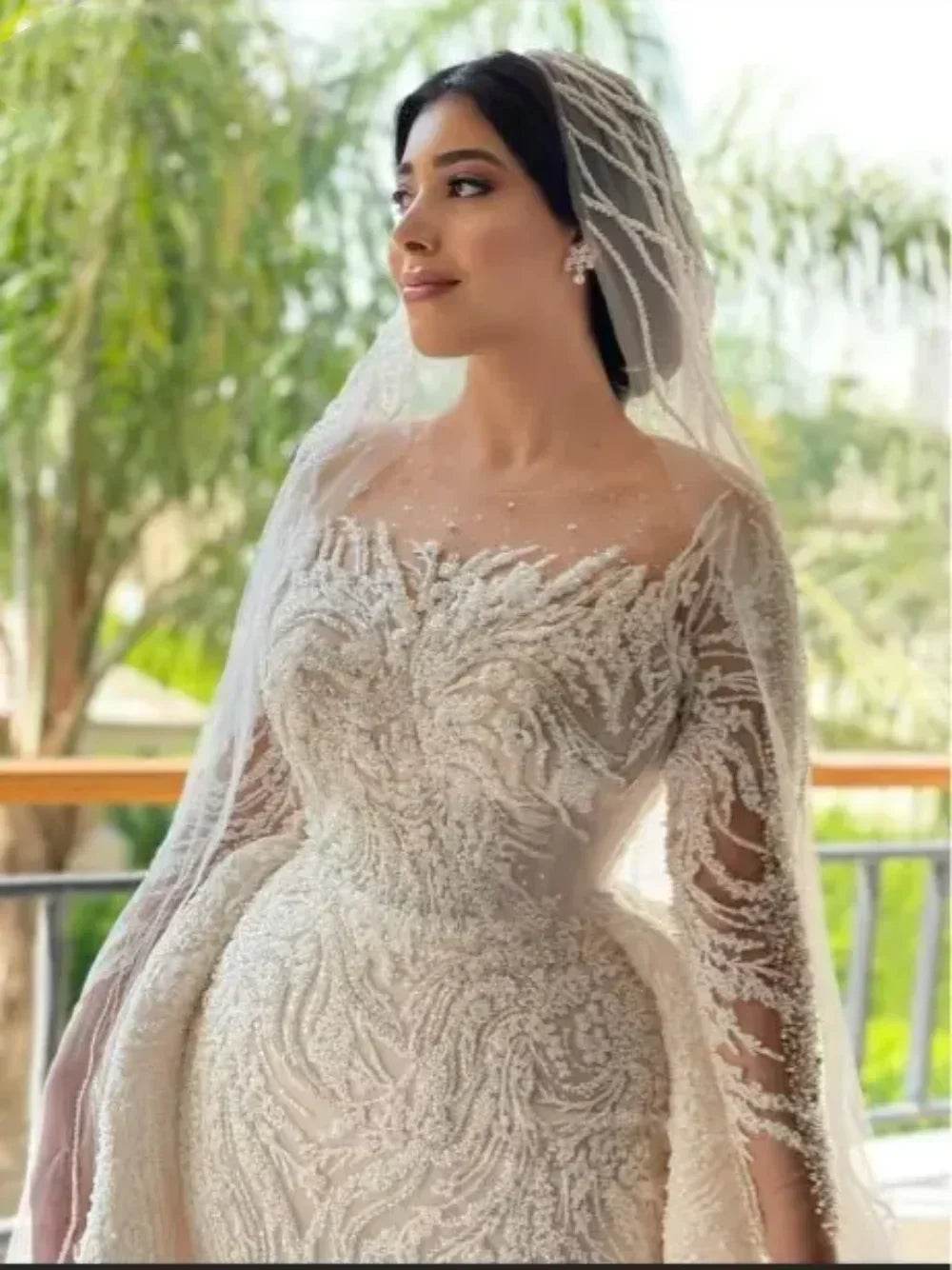 Customized Long Sleeve Wedding Gown - Mermaid & Beaded Elegance - Buy Center UK