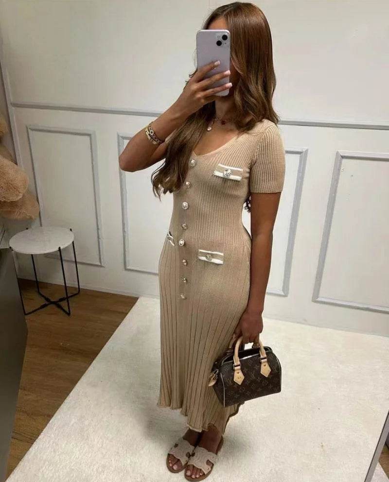 Elegant Knitted Maxi Dress - Bodycon Short Sleeve with Ruffles - Buy Center UK