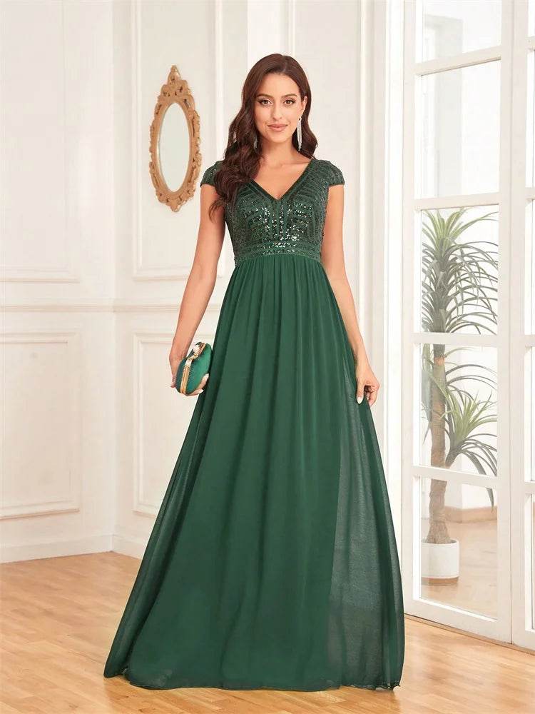Elegant Chiffon Evening Dress - V-Neck Sequins Gown for Women - Buy Center UK