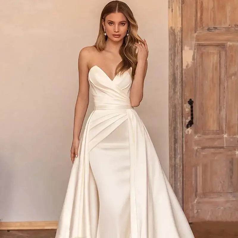 Customized 2 In 1 Detachable Train Wedding Dress - Satin Mermaid Gown - Buy Center UK