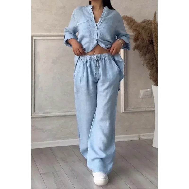 Buy Center Women's Linen Drawstring Shirt & Wide Leg Pants Set - Buy Center UK