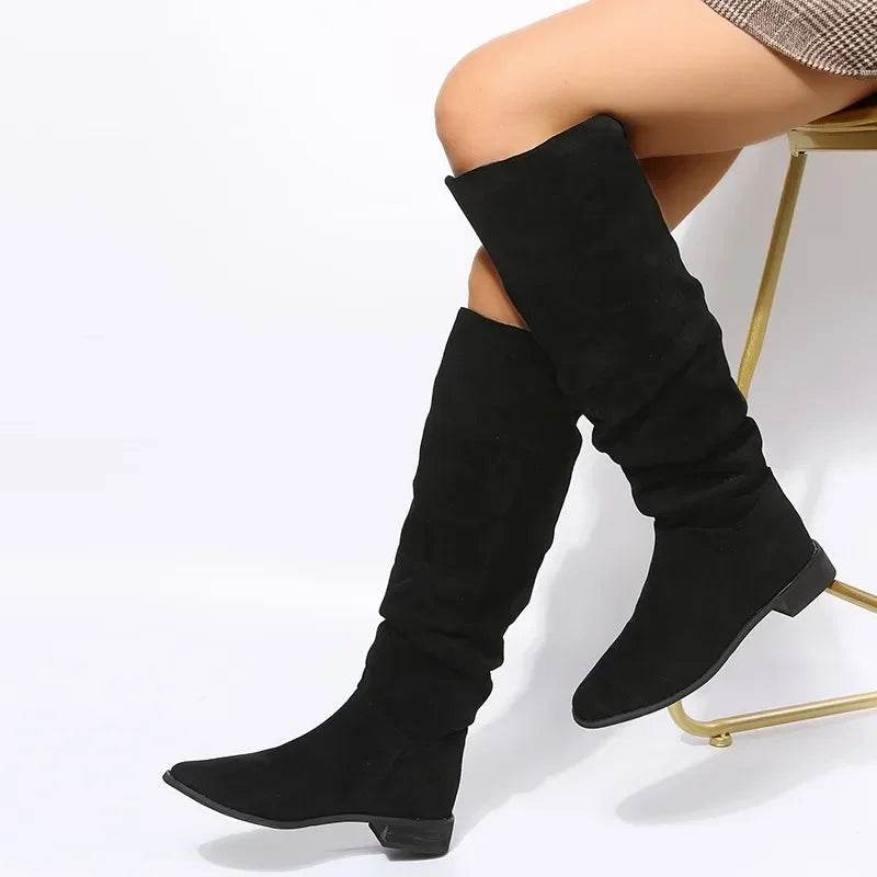 Buy Center Women's Pleated Knee High Boots - Black & Nude Faux Suede - Buy Center UK