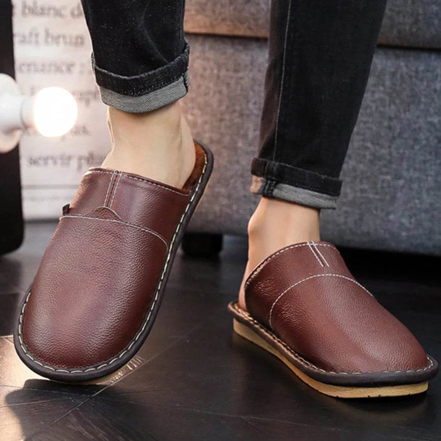 Buy Center Men's Winter Leather Slippers - Anti-Slip, Comfortable Design - Buy Center UK