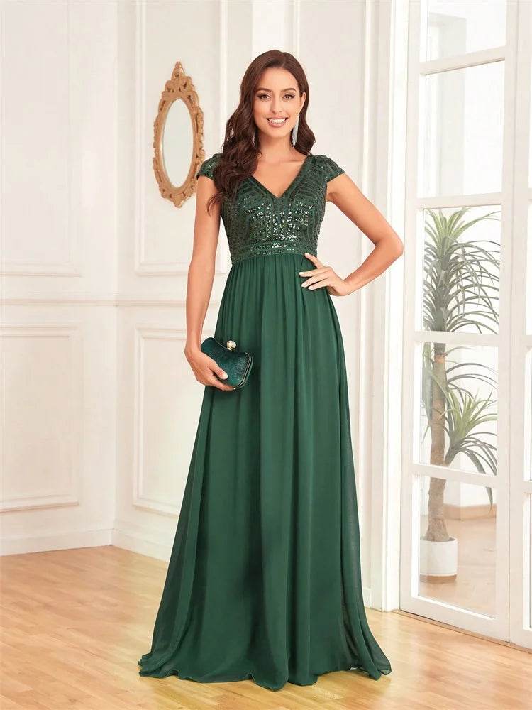 Elegant Chiffon Evening Dress - V-Neck Sequins Gown for Women - Buy Center UK