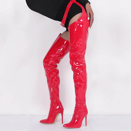 Red Patent Leather Over The Knee High Heels - Waterproof Stiletto Boots - Buy Center UK