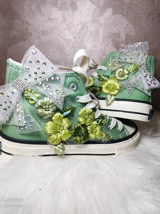 Buy Center Women's High-top Canvas Shoes - Green Bow Embroidery, Big Size - Buy Center UK