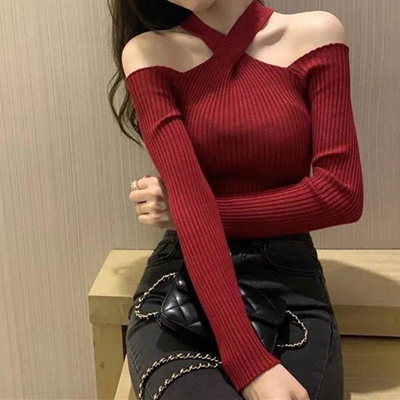 ITOOLIN Women’s Cross Neck Halter Sweater - Warm Off Shoulder Knit - Buy Center UK