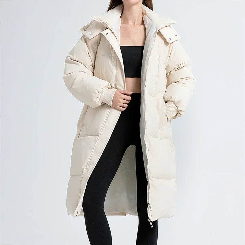 ABRINI Long Hooded Coat for Women - Warm, Stylish, Zipper Pockets - Buy Center UK