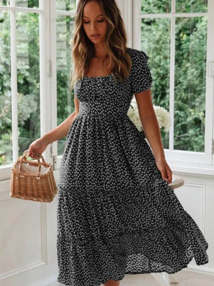 Buy Center Vintage Puff Sleeve Summer Maxi Dress - Floral Square Collar - Buy Center UK