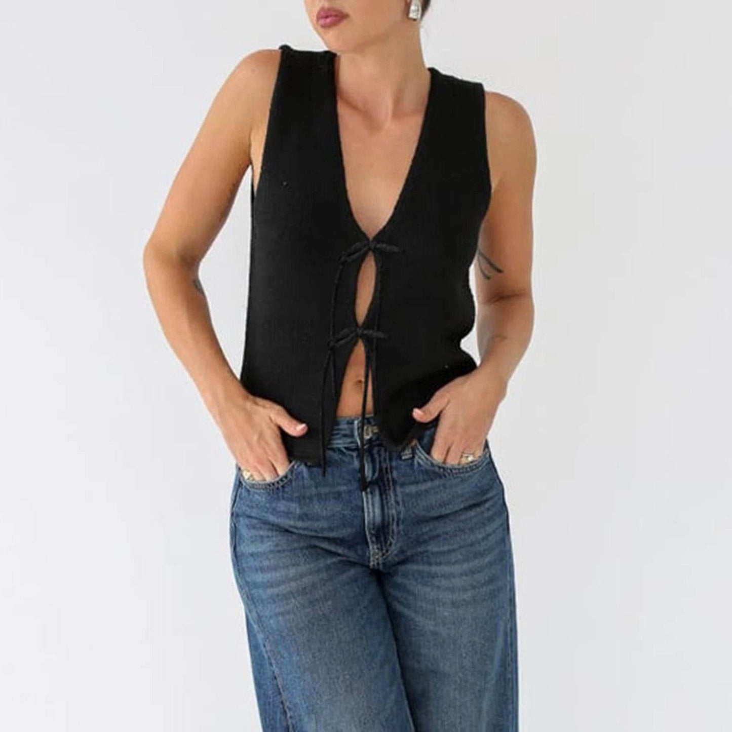 Women's Vintage Y2K Sweater Vest - Fitted Bow Knot Summer Top - Buy Center UK