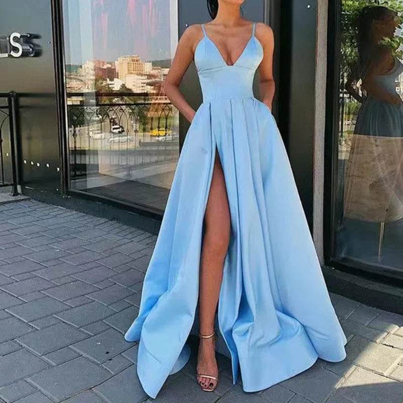 Buy Center Long Backless Satin Dress - Sexy Side Slit Evening Gown - Buy Center UK