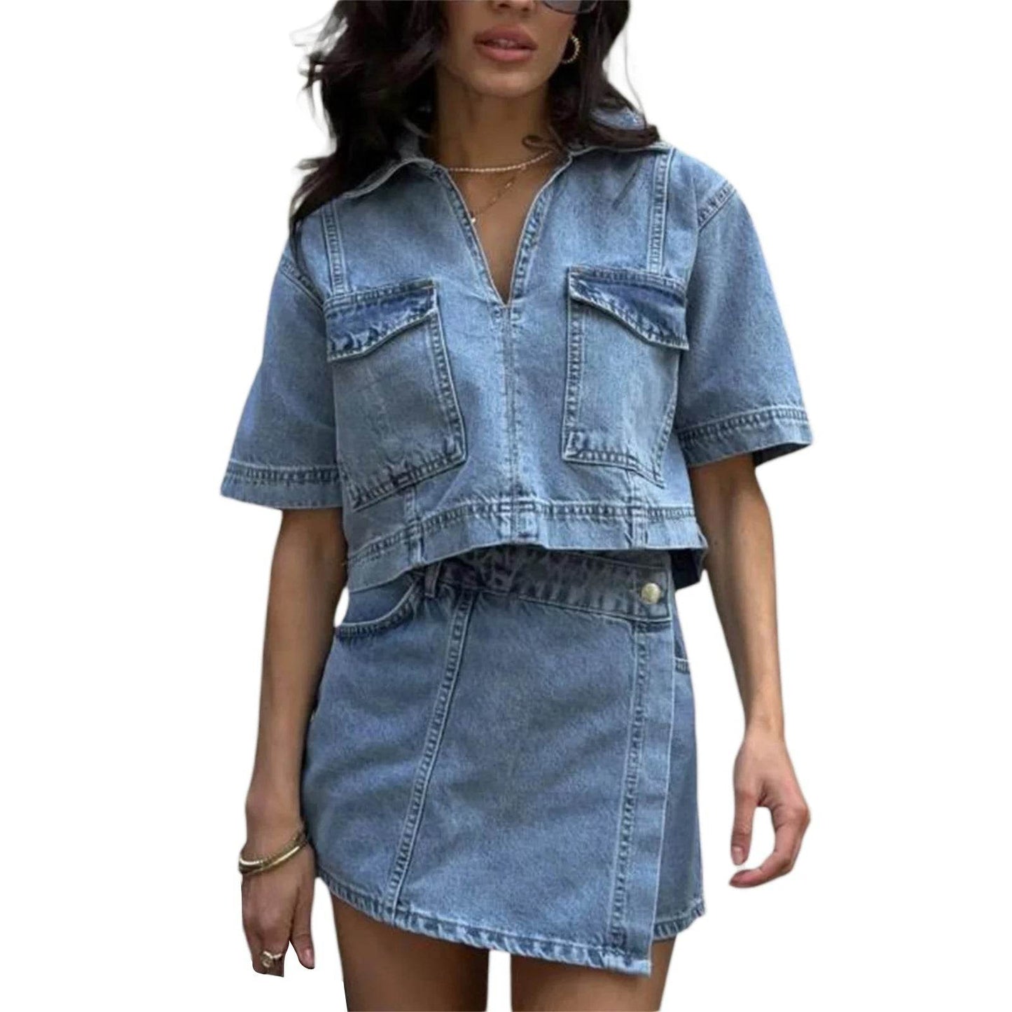Women's 2 Piece Denim Outfit - Cropped Top & High Waist Shorts - Buy Center UK