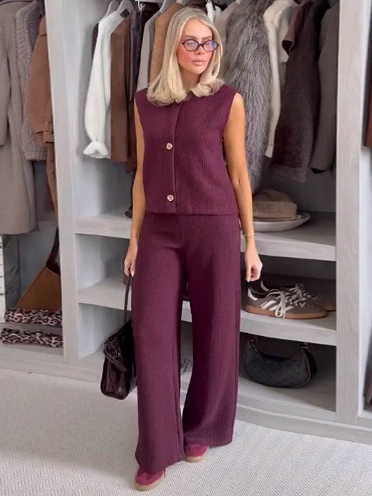 Elegant Burgundy Knitted Tank Top & Wide Leg Pants Set for Women - Buy Center UK