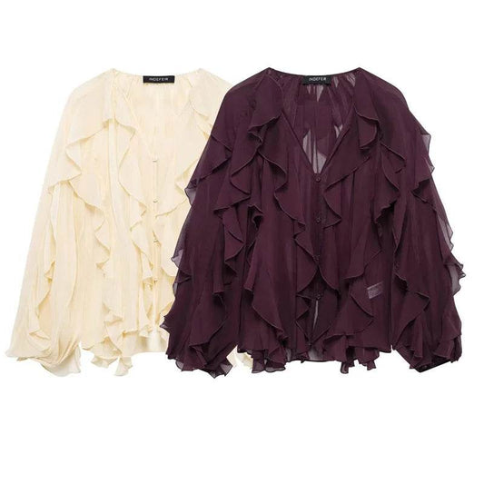 Ruffles Elegant Long Sleeve Blouse for Women - Lightweight Spring Style - Buy Center UK