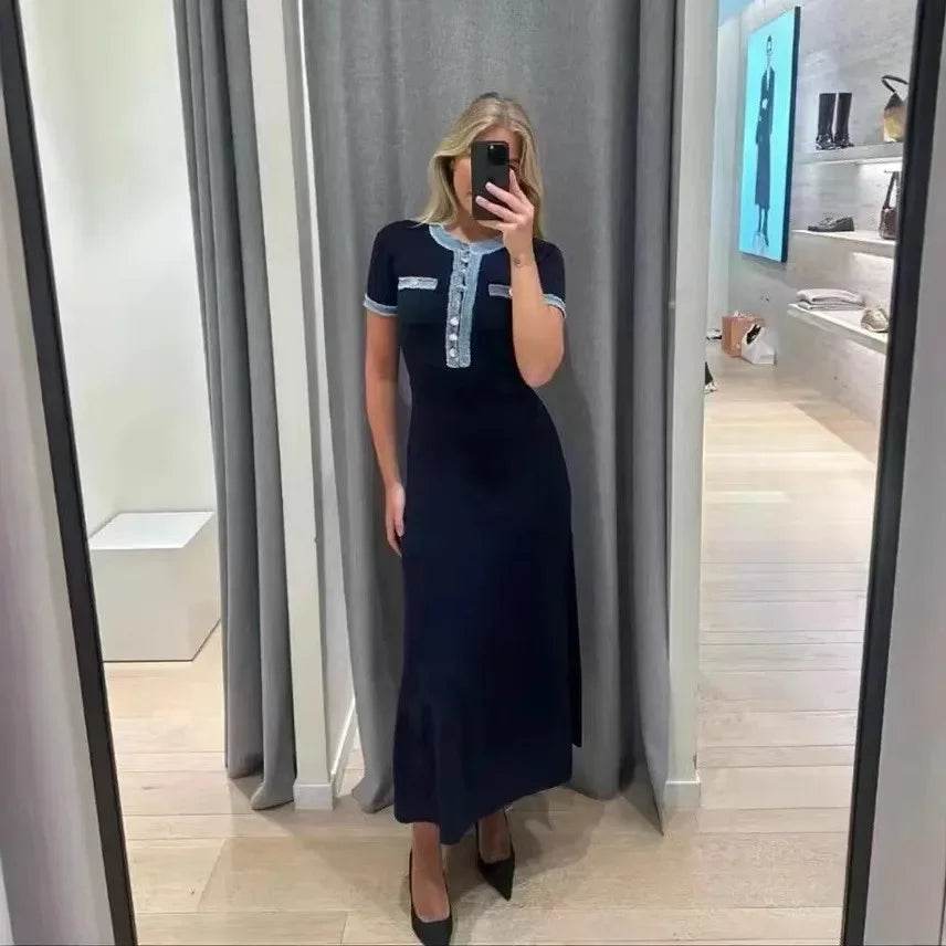 Buy Center Cotton Knitted Dress - Fringe Splicing, Knee-Length Style - Buy Center UK