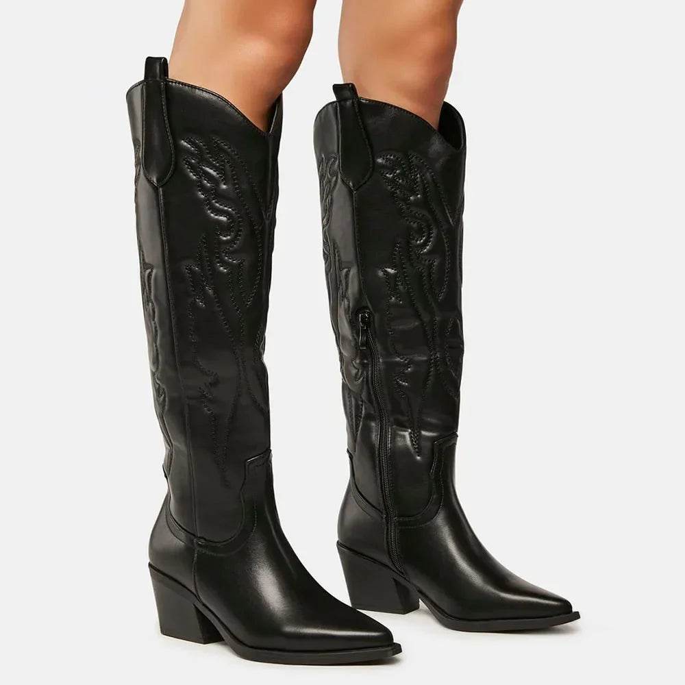 Winter Large Size 43 Black Knee High Cowgirl Boots for Women - Buy Center UK