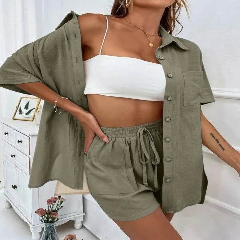 Summer Fashion Shorts Two-Piece Set - Casual Tied Shirt & Loose Fit - Buy Center UK