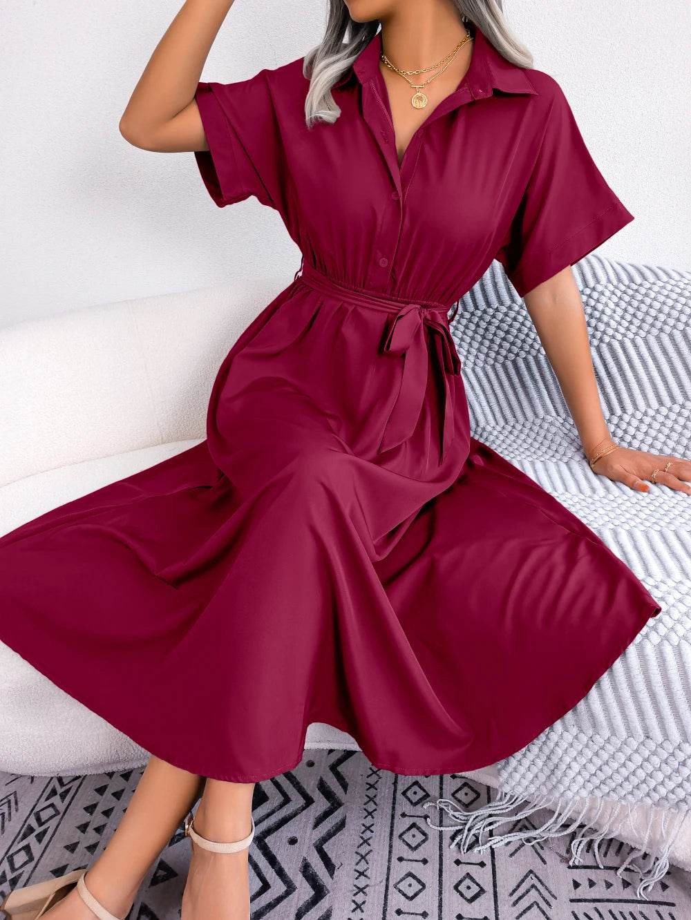Buy Center Women's Summer Casual Dress - Short Sleeve, Slim Waist Fit - Buy Center UK