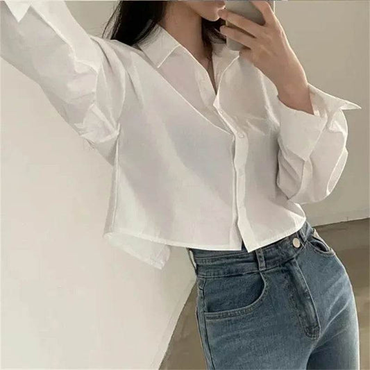 Buy Center Women's Casual White Crop Blouse - Long Sleeve, Trendy Style - Buy Center UK