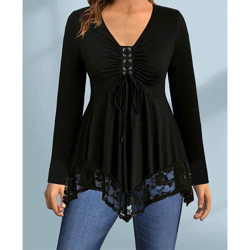 Buy Center Plus Size Long Sleeve Tee - Stylish Lace-Up Black Design - Buy Center UK