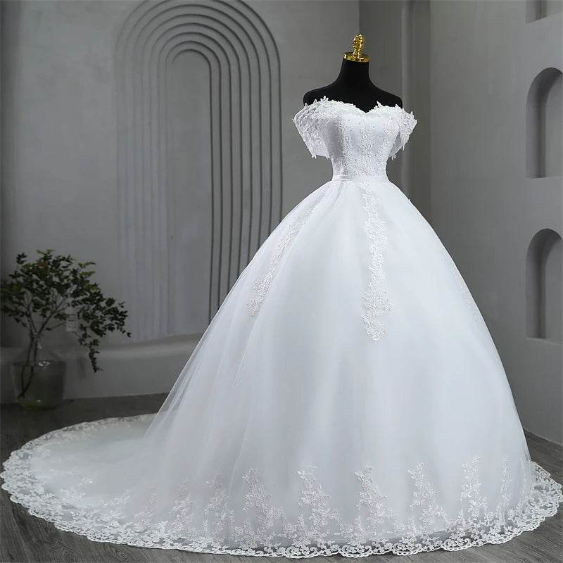 Elegant Plus Size White Wedding Dress - Off The Shoulder, Appliques - Buy Center UK