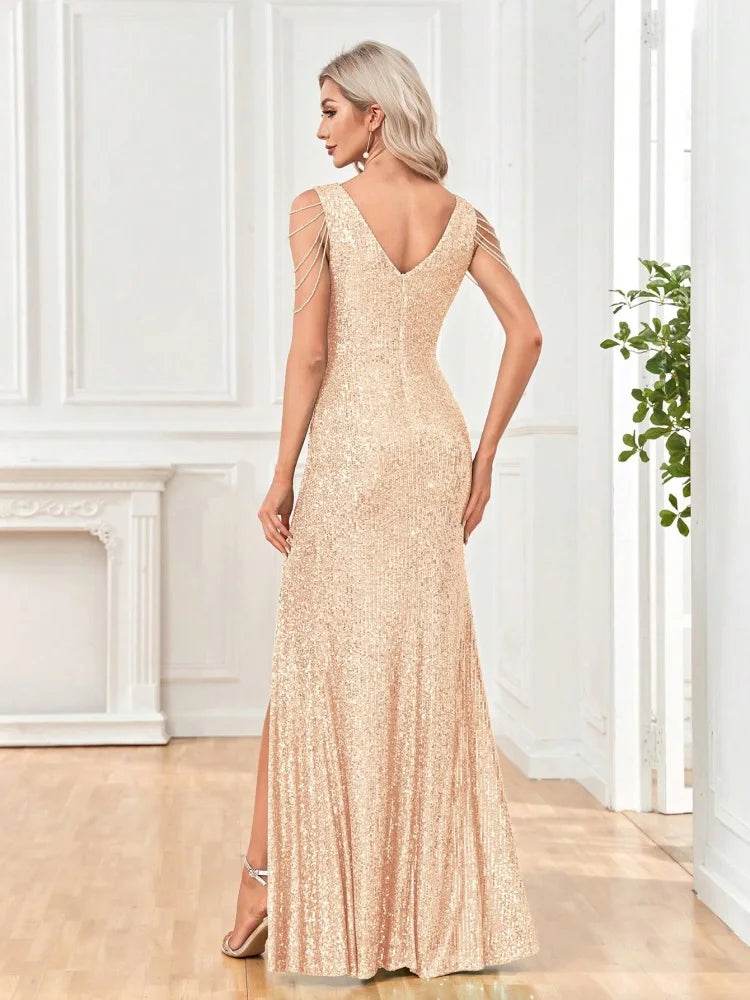 Buy Center Elegant V-Neck Sequin Evening Dress - Luxury Formal Gown - Buy Center UK