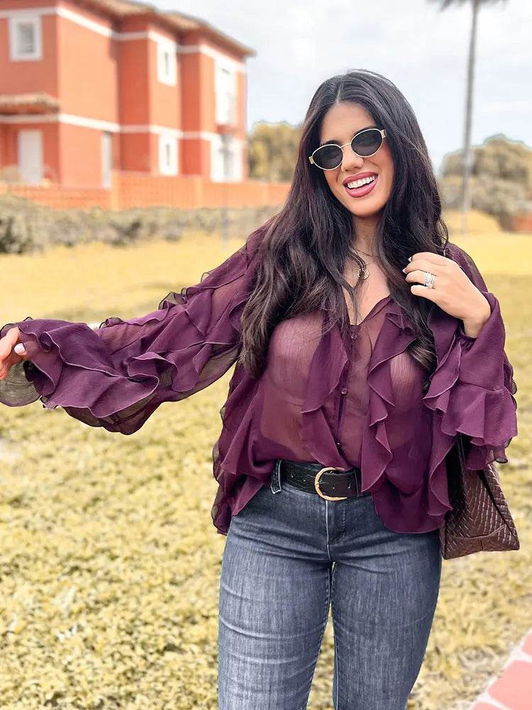 TRAFZA Women's Ruffles Blouses - Elegant V Neck Chic Tops - Buy Center UK