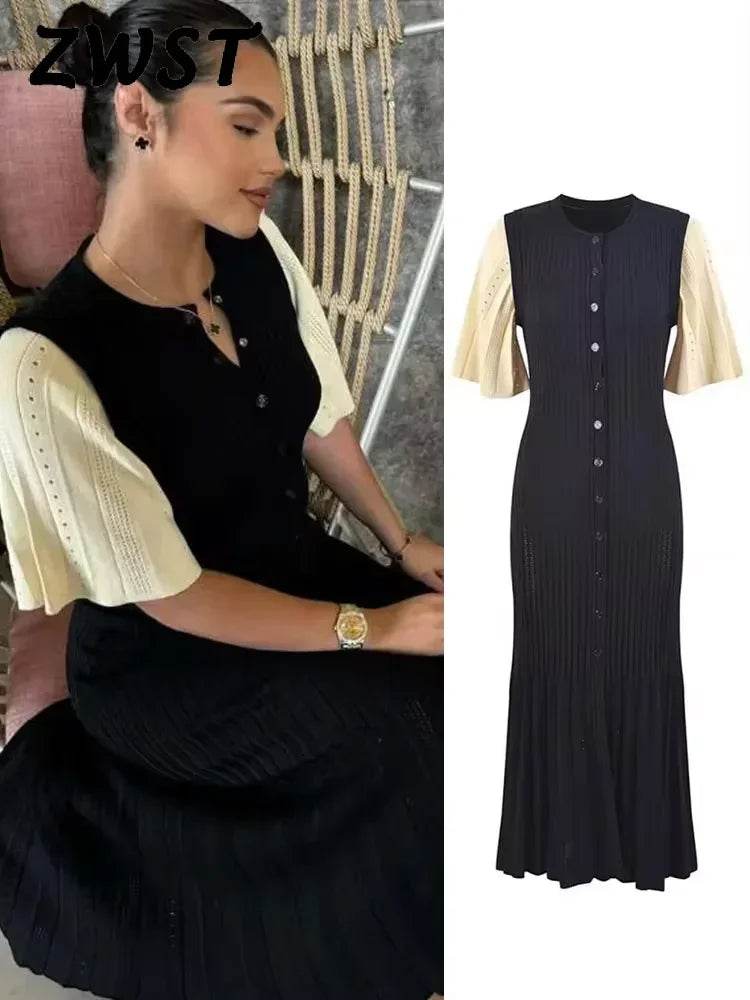 Elegant Women's Knit Dress - Slim O-Neck, Short Sleeve A-Line - Buy Center UK