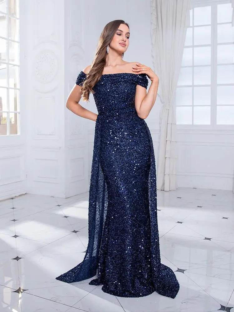 Romagic Navy Blue Off Shoulder Bridesmaid Dress - Detachable Train - Buy Center UK