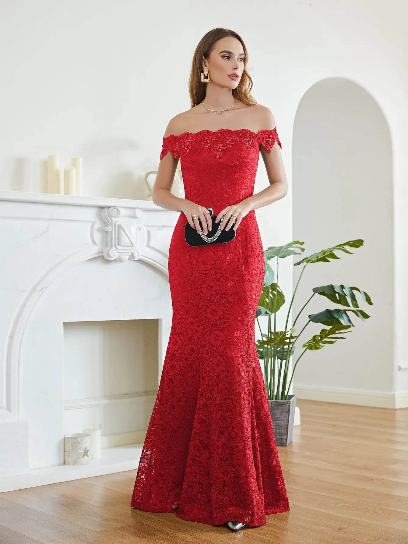 Charming Red Mermaid Bridesmaid Dress - Off-Shoulder Beading Lace - Buy Center UK