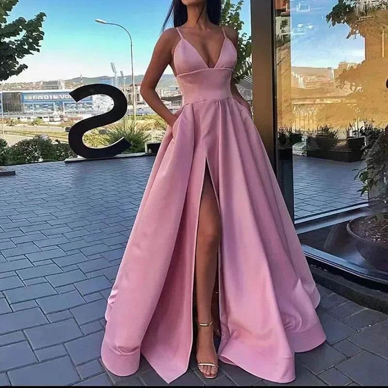 Buy Center Long Backless Satin Dress - Sexy Side Slit Evening Gown - Buy Center UK