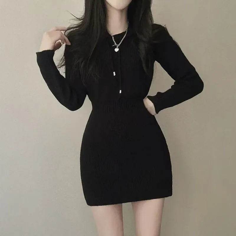 Buy Center Sexy White Knit Mini Dress - Hooded, High Waist, Long Sleeve - Buy Center UK