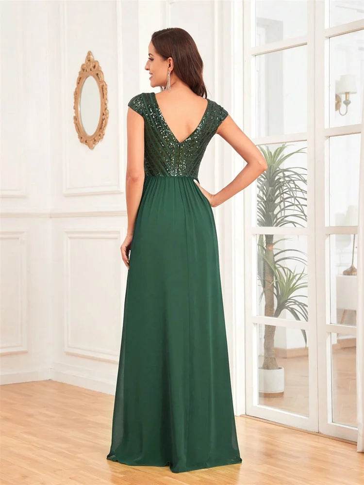 Elegant Chiffon Evening Dress - V-Neck Sequins Gown for Women - Buy Center UK