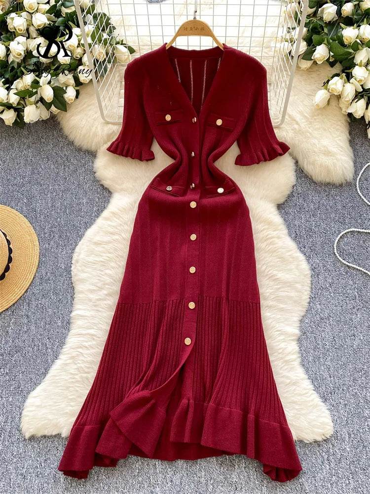 SINGREINY Women’s V Neck Button Knit Dress - Slim Mermaid Style - Buy Center UK