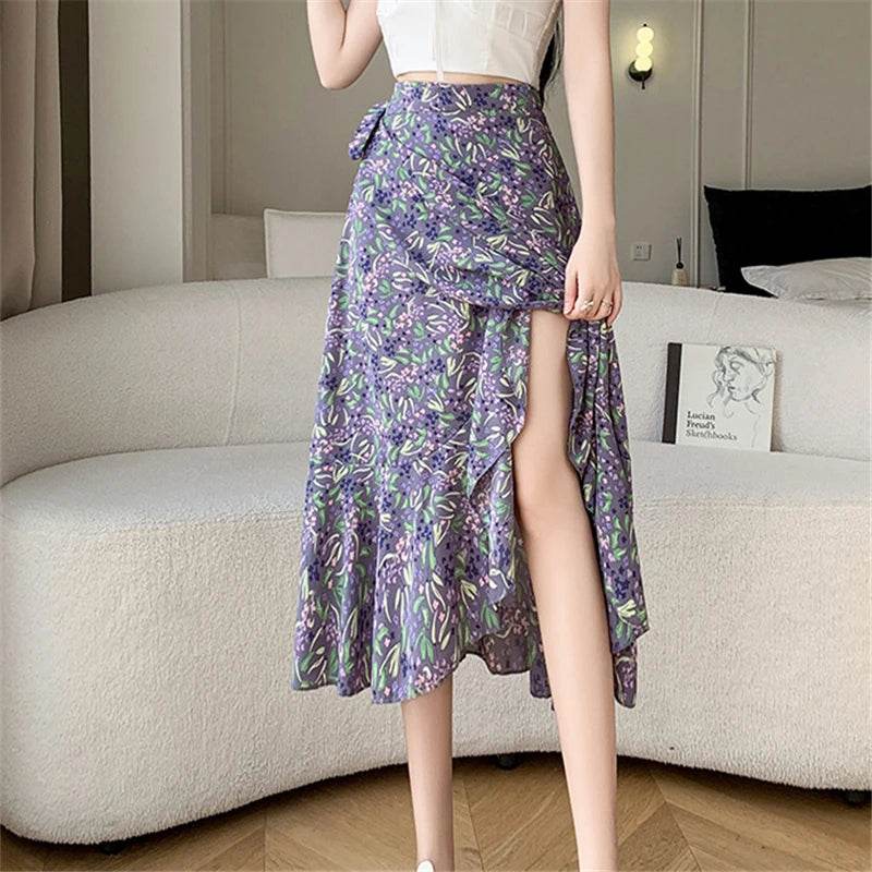 REALEFT Vintage Floral A-line Skirt - High Waist Midi Length - Buy Center UK