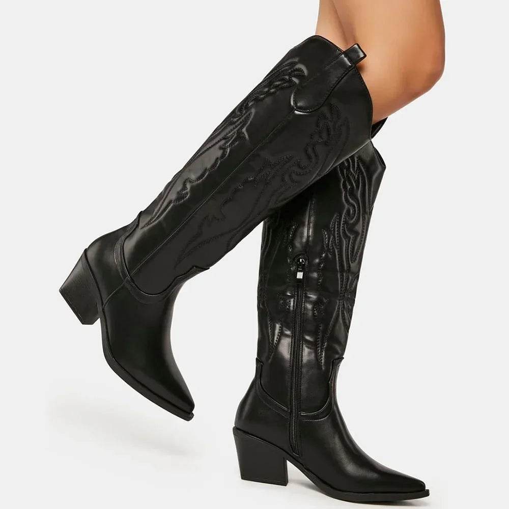 Winter Large Size 43 Black Knee High Cowgirl Boots for Women - Buy Center UK