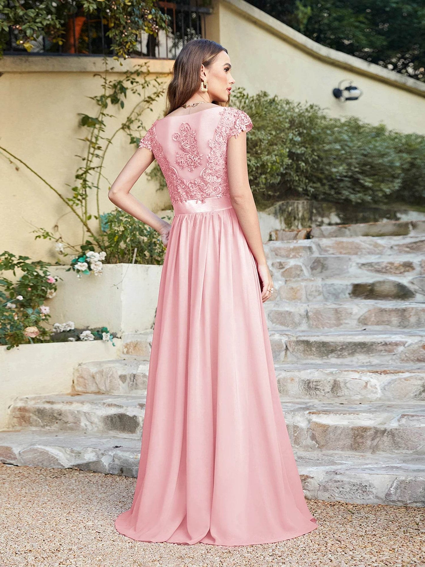Buy Center Long Chiffon A-Line Bridesmaid Dress - Sleeveless & Floral Lace - Buy Center UK