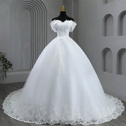 Elegant Plus Size White Wedding Dress - Off The Shoulder, Appliques - Buy Center UK