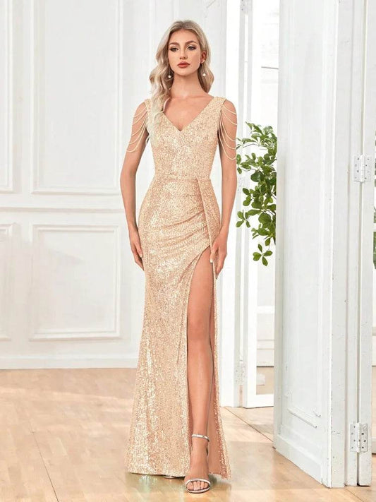 Buy Center Elegant V-Neck Sequin Evening Dress - Luxury Formal Gown - Buy Center UK