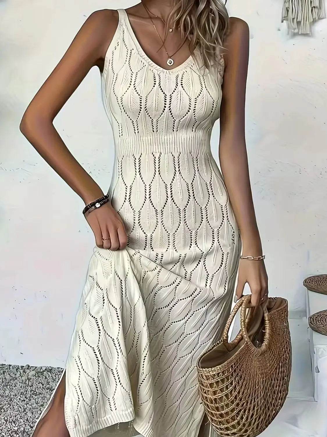 Buy Center Knitted Sleeveless Coat-Style Dress - Elegant V-Neck Design - Buy Center UK