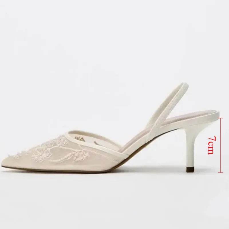Elegant White Slingback Wedding Pumps - Embroidered Design for Women - Buy Center UK